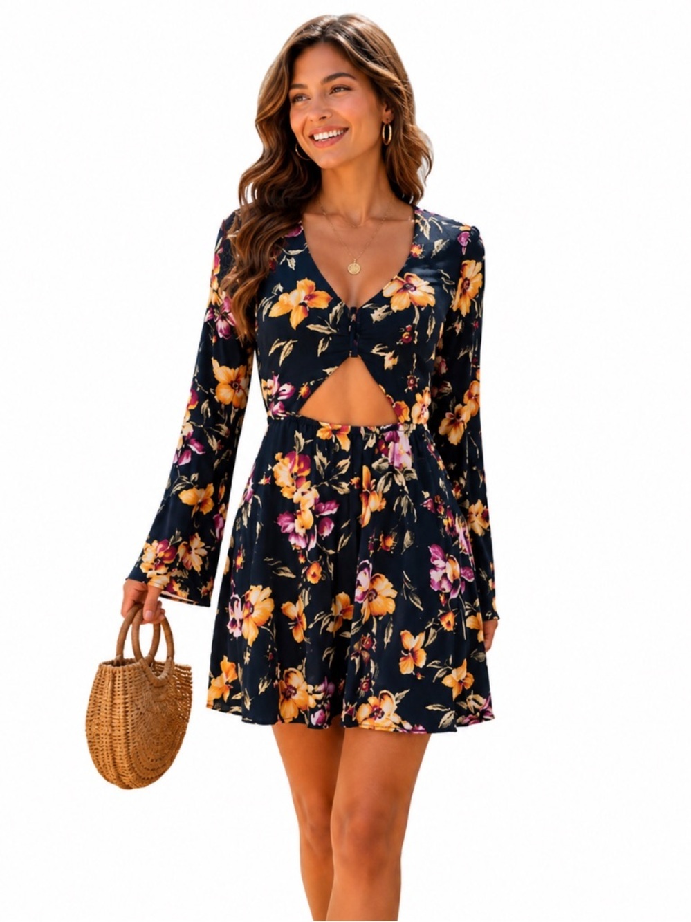 Kendall & Kylie Black Multi Floral Cut Out Tropical Boho Mini Dress Size S